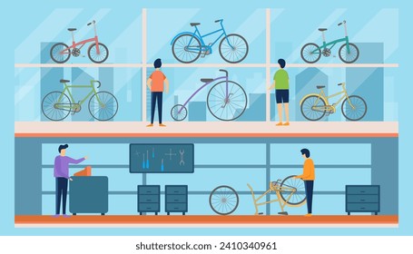 Cartoon Color Bicycle Bike Store with People Interior Inside Scene Concept Flat Design Style. Vector illustration