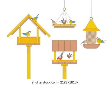 Cartoon Color Bird Feeder Winter Set Concept Flat Design Style. Vector illustration of Bullfinch and Chickadee Feeding