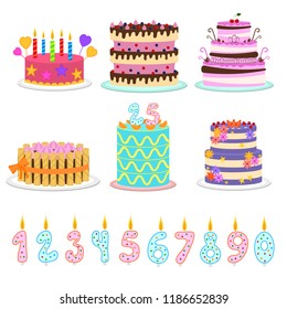 Cartoon Color Birthday Cakes and Elements Icon Set Party Concept Flat Design Style. Vector illustration of Icons