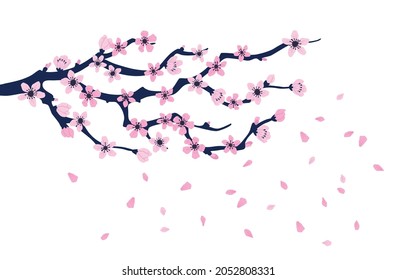 Cartoon Color Blooming Sakura Branch with Flowers Flat Design Style . Vector illustration of Blossom Japanese Cherry