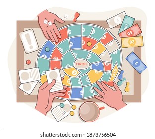 Cartoon Color Boardgame Table Top View Leisure Concept. Vector illustration of Arms Holding Game Card and Dice