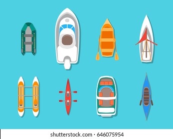 Cartoon Color Boats Icons Set Top View on Water Flat Style Design. Vector illustration