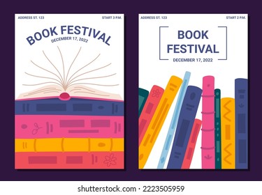 Cartoon Color Book Festival Concept Poster Card Invitation for Library or Bookstore Flat Design Style. Vector illustration