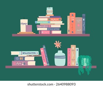 Cartoon Color Book Rows and Stacks on Shelves Decorations Elements Set Literature Reading Concept Flat Design Style. Vector illustration