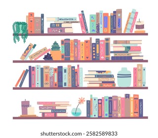 Cartoon Color Book Shelves Home Library Set Literature Reading Concept Flat Design Style. Vector illustration of Bookshelf