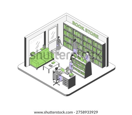 Cartoon Color Book Store Interior Inside Shop Concept 3d Isometric View Line Elements. Vector illustration of Bookstore