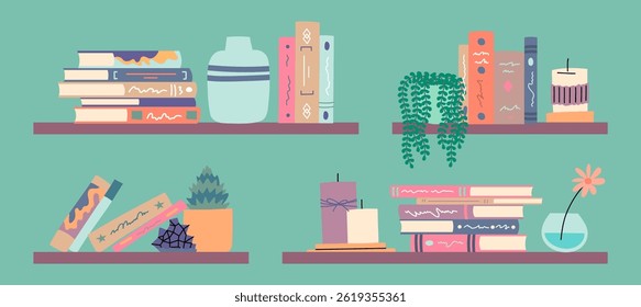 Cartoon Color Bookshelves Decorations Concept Textbooks, Vase and Plants on Bookshelf Literature Reading Concept Flat Design Style. Vector illustration