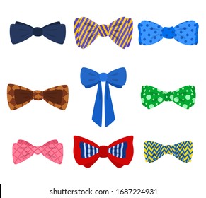 Cartoon Color Bow Tie Icon Set Fashion Beauty Male Accessory Flat Design. Vector illustration of Icons
