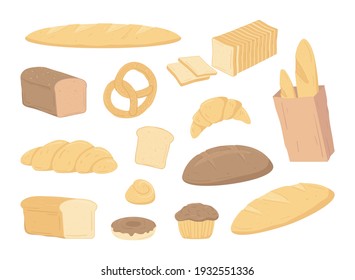 Cartoon Color Bread and Cake Icon Set Bakery Product Concept Flat Design Style. Vector illustration of Icons