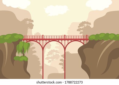 Cartoon Color Bridge and Landscape Scene Transportation, Travel and Tourism Concept Flat Design Style. Vector illustration