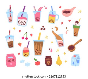 Cartoon Color Bubble Tea Icon Set Flat Design Style Asian Summer Fresh Drink with Tapioca Concept. Vector illustration