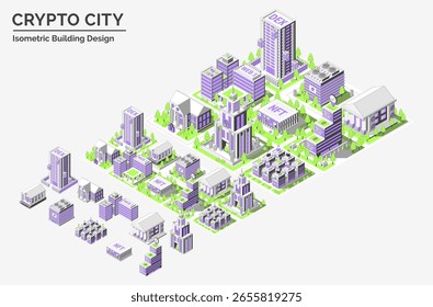 Cartoon Color Building Architecture Composition and Area Landscape Crypto City Concept 3d Isometric View Line Elements. Vector illustration