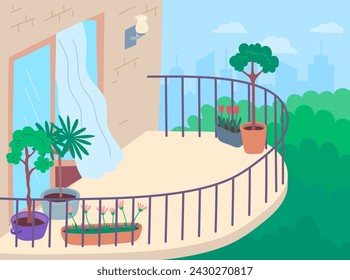 Cartoon Color Building Balcony or Comfortable Apartment Terrace with Green Plants Concept Flat Design Style. Vector illustration