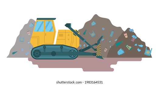 Cartoon Color Bulldozer for Garbage Cleaning Concept Flat Design Style. Vector illustration of Waste Dump Landfill