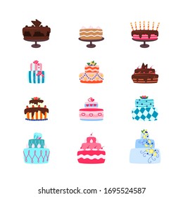 Cartoon Color Cakes with Cream Icon Set Include of Chocolate and Candle Flat Design. Vector illustration of Icons