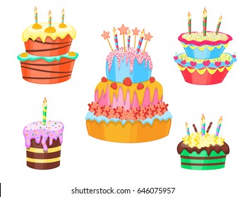 Cartoon Color Cakes Set Birthday or Wedding Sweet Dessert for Celebration Party. Vector illustration