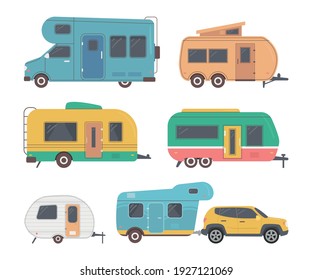 Cartoon Color Camping Trucks Icons Set Concept Flat Design Style. Vector illustration of Summer Tourism Vehicle Icon