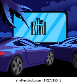 Cartoon Color Car Open Air Cinema Scene Concept Flat Design Style Include of Movie Screen and Automobile. Vector illustration of Night Entertainment