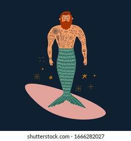 Cartoon-Farbkarte mit süßem, flachem Cartoon-Seyboy-Meerjungfrau oder Merman-Illustration. Perfekt für Einladung oder Broschürendesign, Geburtstagskarte und Vatertag, Poster, T-Shirt. Surfkonzept. Vektorillustration-Clip