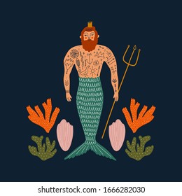 Cartoon color card with cute flat cartoon sea boy mermaid or merman illustration. Perfect for invitation or leaflet design, Birthday postcard and Father Day, poster, t-shirt. King concept. Vector clip