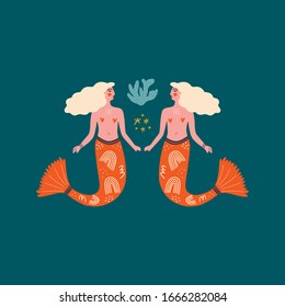 Cartoon color card with cute flat cartoon sea mermaids illustration. Perfect for invitation or leaflet design, Birthday postcard, poster, t-shirt. Twins concept. Vector clip art EPS