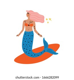 Cartoon color card with cute flat cartoon sea mermaid or serena illustration. Perfect for invitation or leaflet design, Birthday postcard, poster, t-shirt. Surf girl concept. Vector clip art EPS