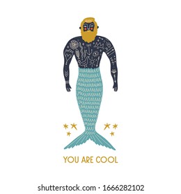 Cartoon color card with cute flat cartoon sea boy mermaid or merman illustration. Perfect for invitation or leaflet design, Birthday postcard and Father Day, poster, t-shirt. Surf concept. Vector clip