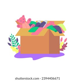 Cartoon Color Cardboard Box with Clothes Donation Concept Flat Design Style. Vector illustration of Donate Cloth and Toy