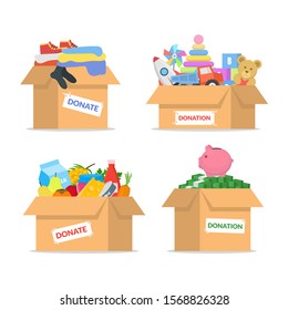 Cartoon Color Cardboard Donation Box Icon Set Include of Money, Clothing and Toys. Vector illustration of Icons
