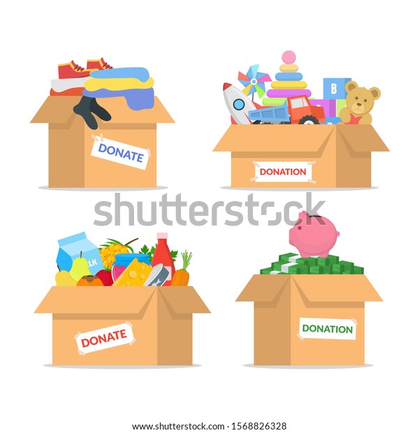 Cartoon Color\
Cardboard Donation Box Icon Set Include of Money, Clothing and\
Toys. Vector illustration of\
Icons