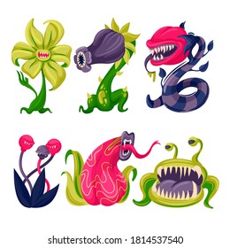 Cartoon Color Carnivore Plants Icons Set Flat Design Style. Vector illustration of Carnivorous Monster Plant Icon