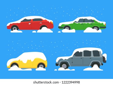Cartoon Color Cars Covered Snow Icon Set Winter and Blizzard Concept Element Flat Design Style. Vector illustration of Icon Car