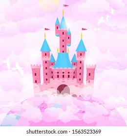 Cartoon Color Castle Princess Building on a Landscape Background Scene Concept Flat Design. Vector illustration