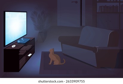 Cartoon Color Cat Watching Tv Alone At Night Scene Loneliness Concept Flat Design Style. Vector illustration
