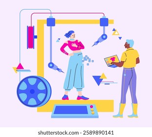 Cartoon Color Character and 3d Printed Fashion Clothing Concept Flat Design Style. Vector illustration of Innovation Technology Production Textile