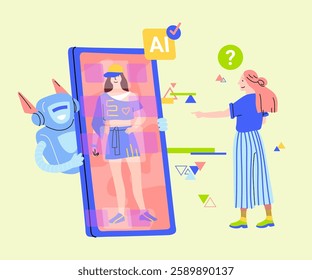 Cartoon Color Character and Ai Fitting Fashion Clothing Concept Flat Design Style. Vector illustration of Fit Clothes by an Artificial Intelligence