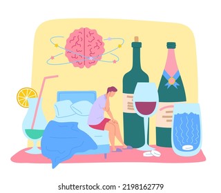 Cartoon Color Character and Alcoholic Hangover Concept after Booze Man with Headache and Dizzy Flat Design Style. Vector illustration of Addiction Problem