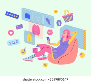 Cartoon Color Character and Ar Shopping Fashion Clothing Concept. Vector illustration of Girl Sitting in Sack Chair