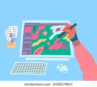 Cartoon Color Character Artist Drawing on Graphic Tablet Concept Flat Design Style. Vector illustration of Creative Work
