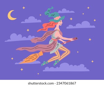 Cartoon Color Character Beautiful Witch Girl Flying on a Broom Halloween Party Concept Flat Design Style. Vector illustration