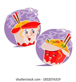 Cartoon Color Character Box Noodles with Chopsticks Set Concept Flat Design Style. Vector illustration of Asian Food