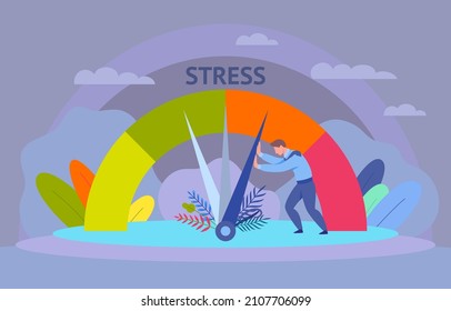 Cartoon Color Character Businessman and Stress Depression and Problem Level Reduced Concept Flat Design Style. Vector illustration