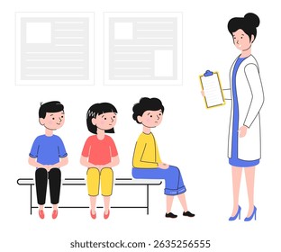 Cartoon Color Character Children Waiting at Hospital Concept Flat Design Style and Line Elements. Vector illustration of Queue