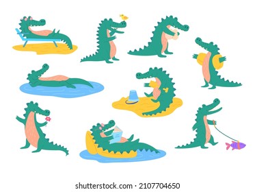 Cartoon Color Character Cute Crocodile Mascot Icon Set Flat Design Style . Vector illustration of Crocodiles Resting, Reading and Walking