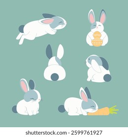 Cartoon Color Character Cute Easter Rabbit in Different Pose Set Concept Flat Design Style. Vector illustration