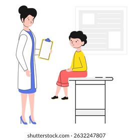 Cartoon Color Personagem Doutor e Menino Paciente Visitar Conceito Estilo de Design Plano e Elementos de Linha. Ilustração vetorial