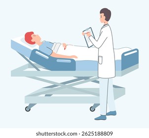 Cartoon Color Character Doctor is Visiting a Man Lying on Bed Concept Flat Design Style. Vector illustration