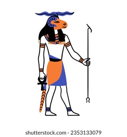 Cartoon Color Character Egyptian God Khnum Egypt Myth Concept Flat Design Style. Vector illustration of Ancient Mythology Personage or Sculpture