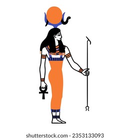 Cartoon Color Character Egyptian God Hathor Egypt Myth Concept Flat Design Style. Vector illustration of Ancient Mythology Personage or Sculpture