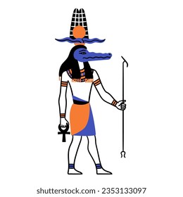 Cartoon Color Character Egyptian God Sobek Egypt Myth Concept Flat Design Style. Vector illustration of Ancient Mythology Personage or Sculpture